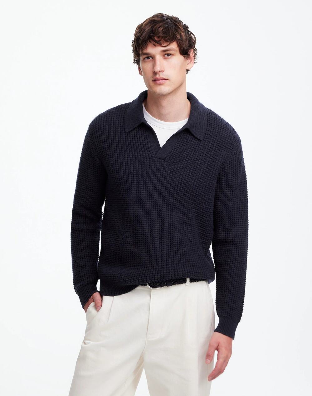 NWT Madewell Men's Johnny-Collar Sweater Polo Shirt Waffle Knit Midnight Blue S